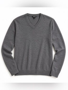 Express Men's Merino Wool Blend V-neck Gray Sweater‎ SZ Large Preppy Career